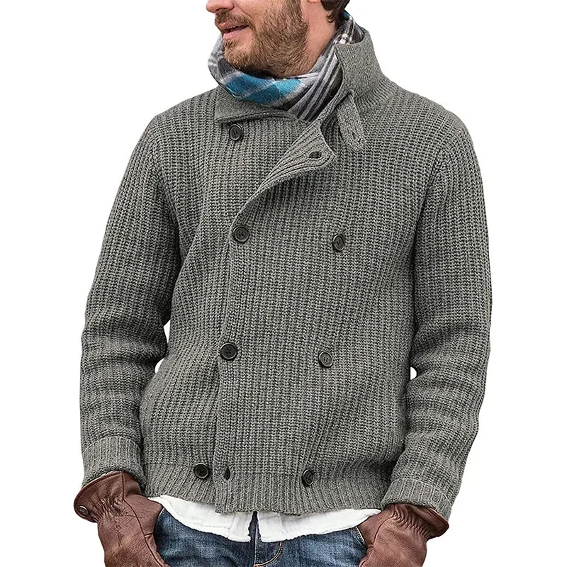 2024 New European Style Plus Size Men's Autumn and Winter Solid Color Buttoned Knitted Lapel Double-breasted Cardigan Jacket.