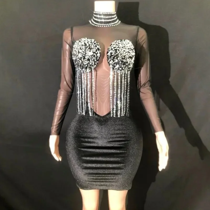 

Black Velour Sequins Tassels Sexy See-Through Sheath Dress Nightclub Performance Custome Stage Wear Birthday Evening Party Dress