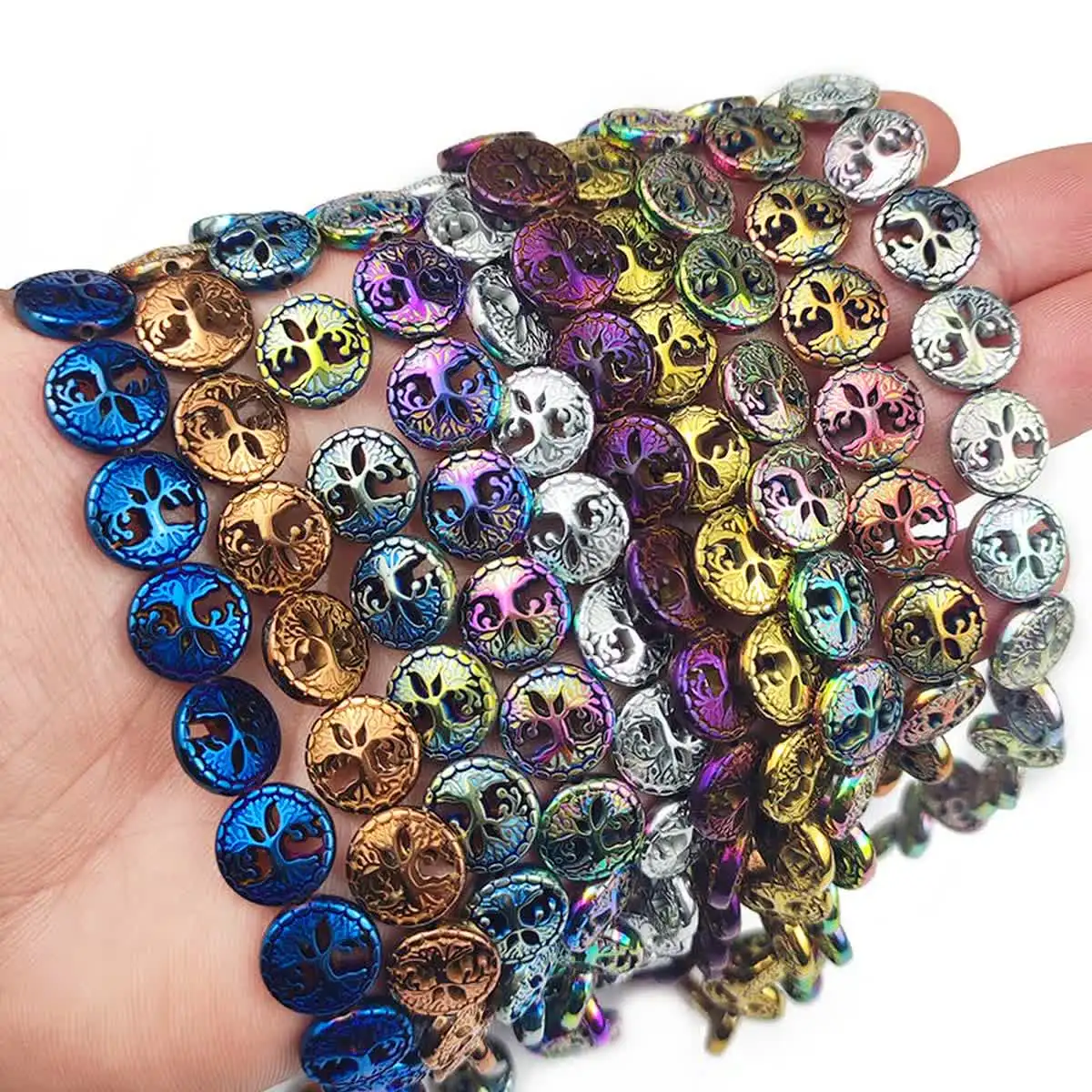 

12mm 20pcs Life Tree Colors Vacuum Plating Round Hematite Natural Stone Spacer Loose Beads For Jewelry Making Diy Bracelet