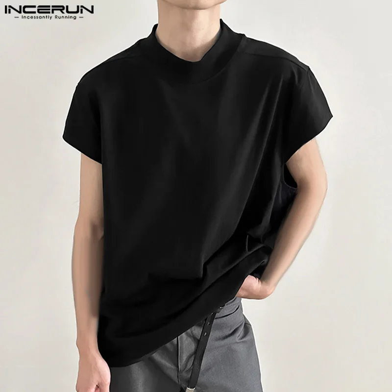 Bluzki INCERUN 2024 koreański styl nowy męski solidny stójka projekt t-shirty casualowe w stylu Streetwear męskie luźne bez rękawów S-5XL