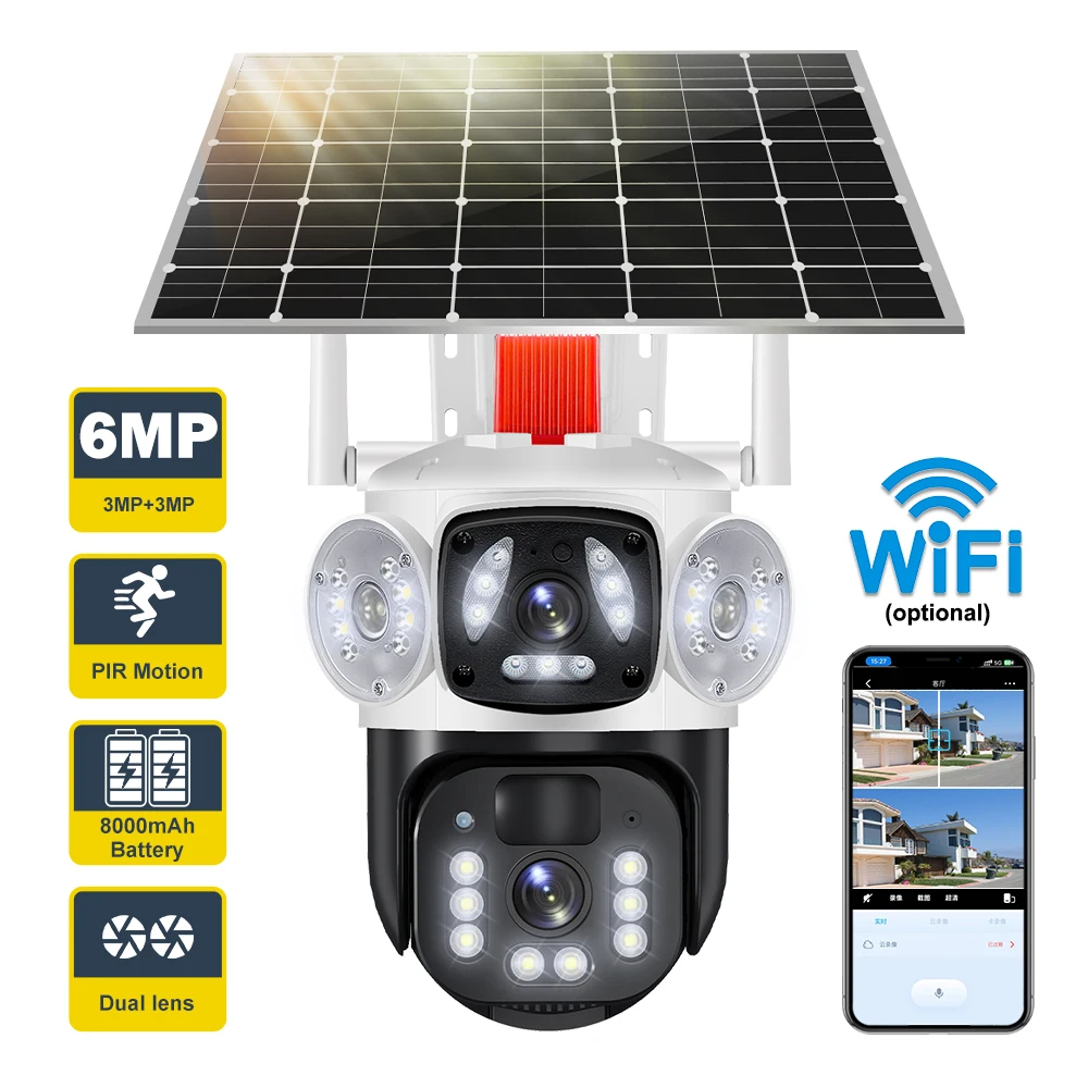 

6MP Security Solar Battery Camera Three Screens Outdoor PTZ Cams PIR Motion Detection Wireless WiFi Solar Cam Video Surveillance