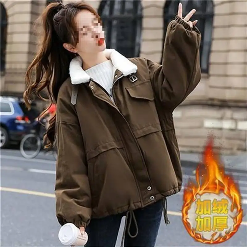 Winter Korean Version Cotton Jacket with Women's Plush and Thick Workwear, Parker Cotton Jacket, Winter Plus Size Loose Lambhair