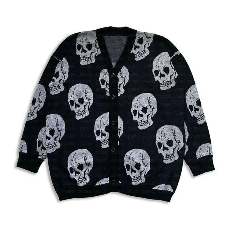 Halloween New Loose Coat Knitted Sweater Skull Jacquard Long Sleeve Loose Cardigan Sweater