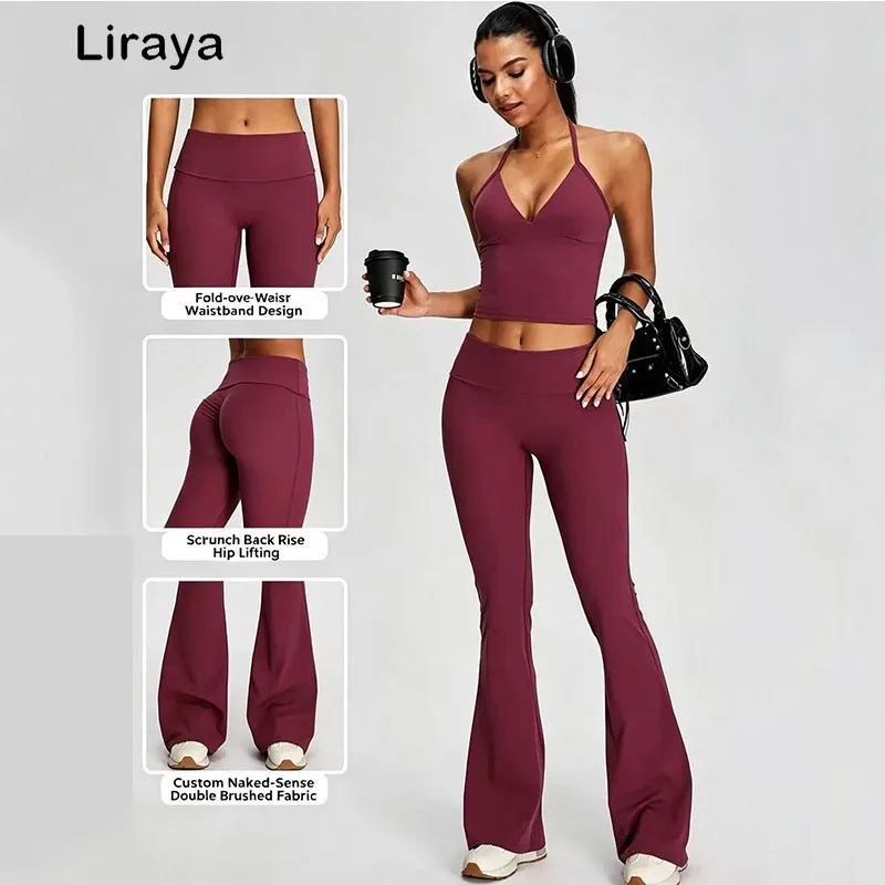 Women's Fold Over High Waist Flared Yoga Pants, Butt Lifting Stretch Workout Leggings, Slim Fit Sports Bell Bottom Trousers for