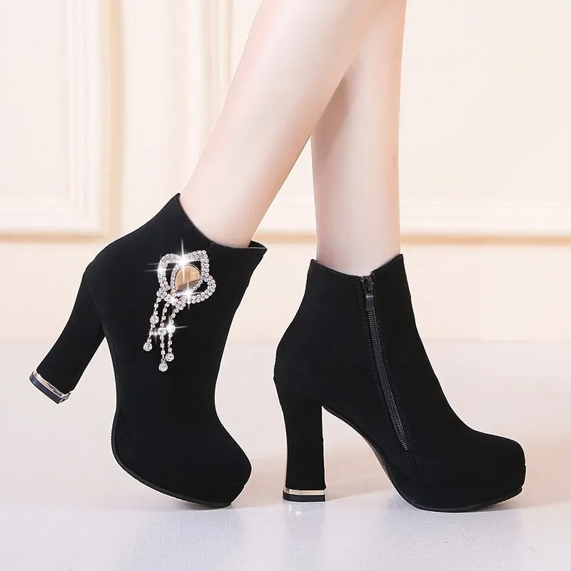 Comemore Autumn winter 2022 New High-heeled Ankle Boots Sexy Fashion Boots for Women Rhinestone Thick Heeled Platform Short Boot