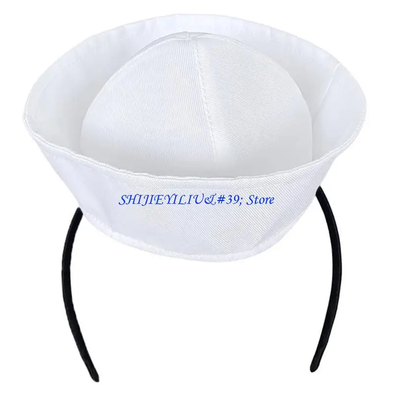 E21F Adults Captain Hat with Hair Hoop White Hat Dress-up Theme Party Sailor