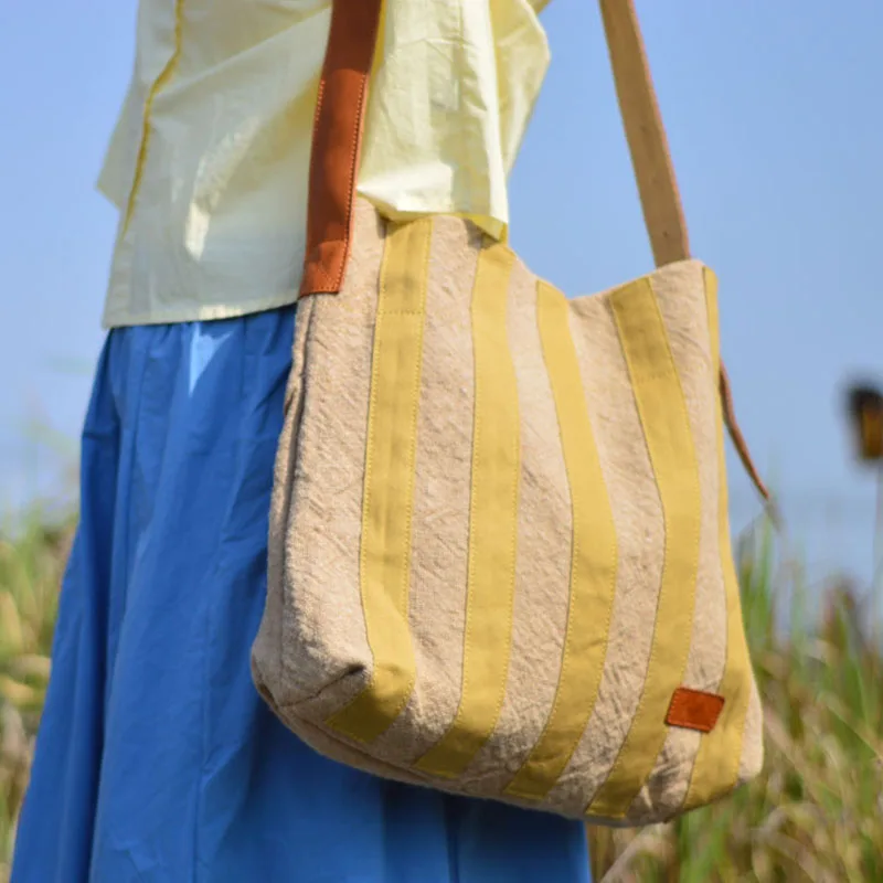 

AETOO Original linen bag with a feminine feel, relaxing student travel style, tote computer bag, large commuting striped single-