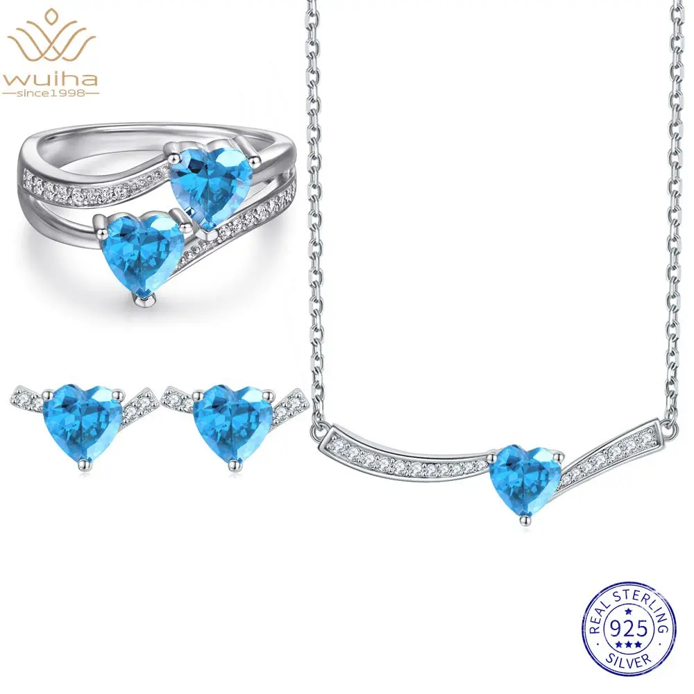 

WUIHA 925 Sterling Silver Multi-color Sapphire High Carbon Diamond Ring/Earrings/Pendant/Necklace Women Jewelry Set Dropshipping