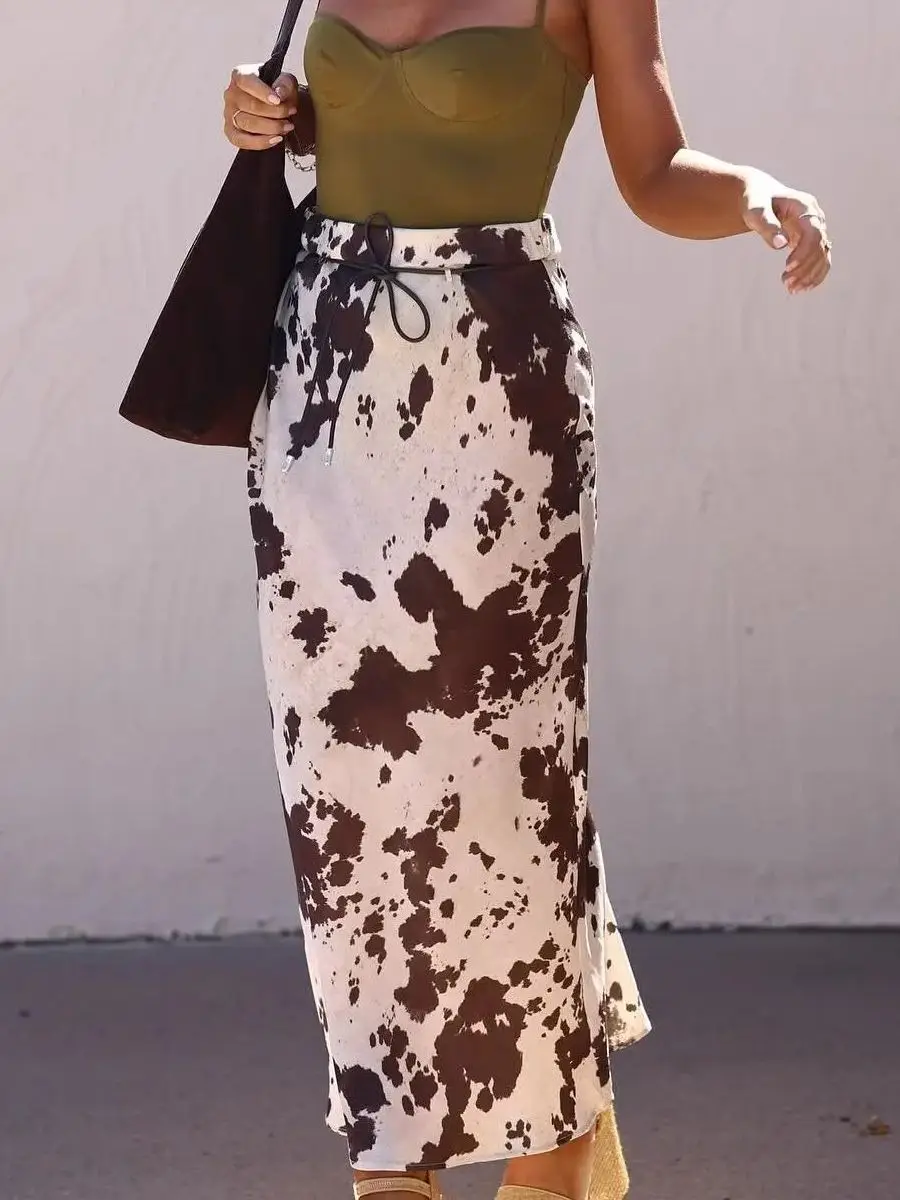 

Zevity Women Fashion Tie Dyed Print Casual Slim A Line Skirt Faldas Mujer Female Chic Elastic Waist Belt Midi Vestidos QUN9442