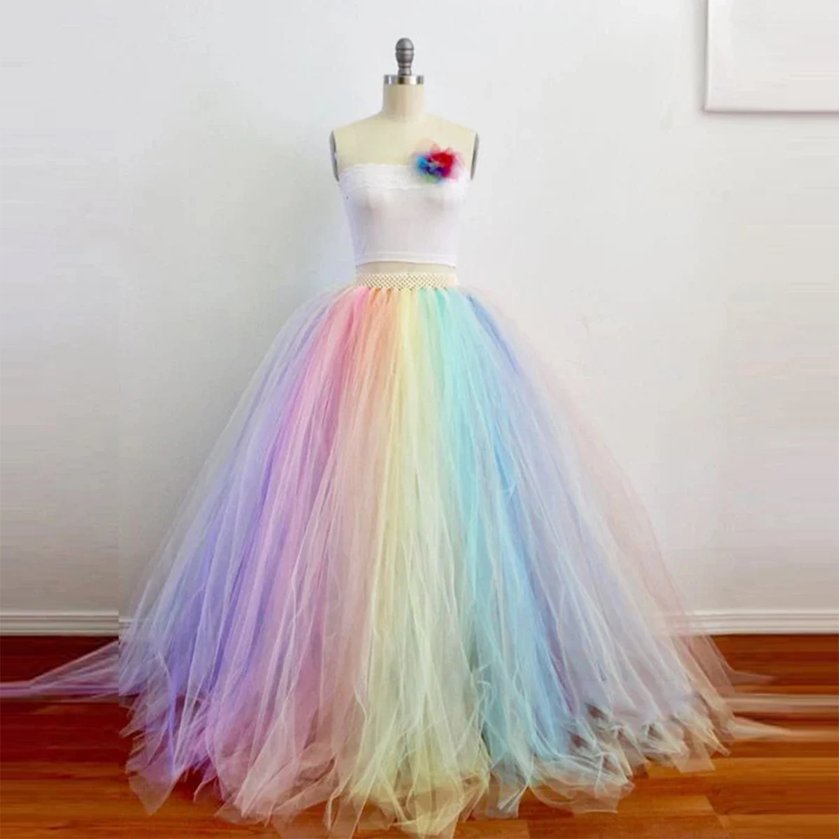 

Красочная радужная юбка, весенне-летняя длинная юбка с эластичной резинкой на талии для женщин, бальное платье-пачка, праздничная официальная одежда для девочек