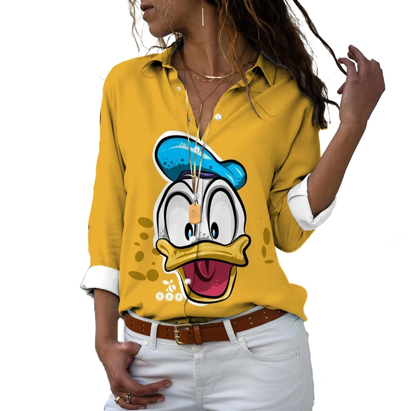 2022 Disney markalı Slim Fit 3D baskılı kadın düğme uzun kollu yaka Mickey Minnie rahat Harajuku sevimli gömlek y2k