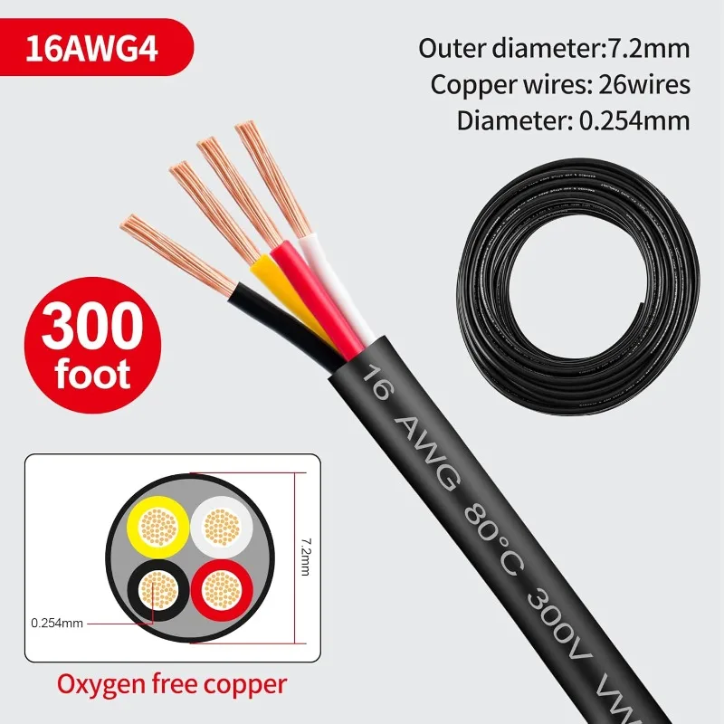 16 Gauge Wire 4 Conductor,16 AWG Electrical Wire Stranded PVC Cord Oxygen-Free Copper Cable,Tinned Copper Hookup Wire Cord