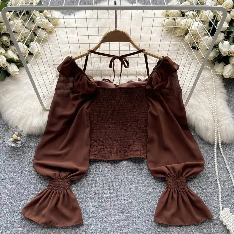 

French Chic Halter Blouses Femininas Bow Flare Sleeve Short Tops Dames Highstreet Blusa Mujer Casual Shirts Clothes Dropshipping