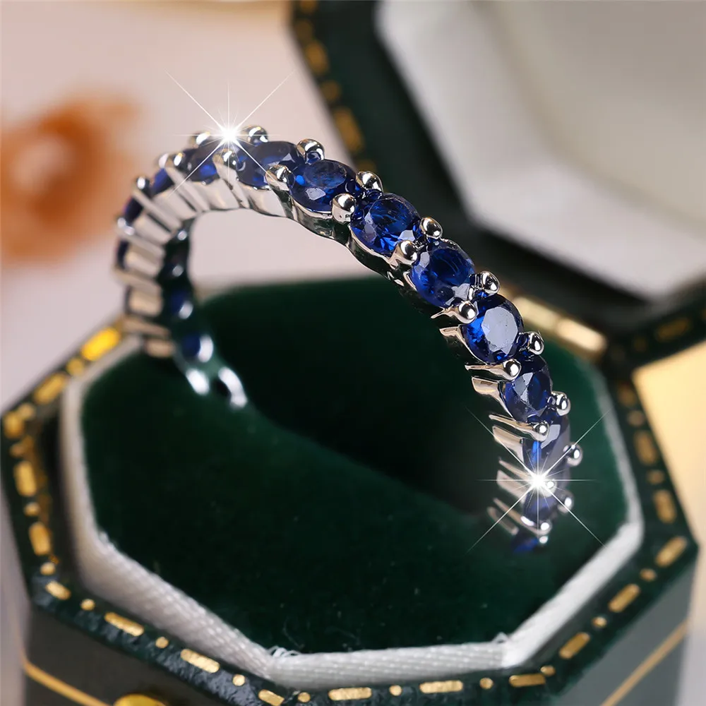 Blue Crystal Single Row Round Stone Rings For Women Vintage Trendy Gold Silver Color Wedding Band Bridal Jewelry Engagement Gift