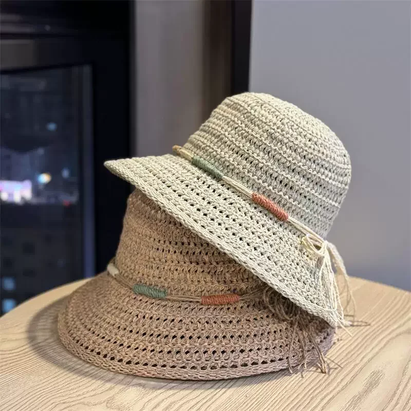Summer Ethnic Style Bucket Hat for Women Foldable Sun Crochet Hat Beach Travel Vacation Handmade Straw Hat Breathable Panama Cap 3