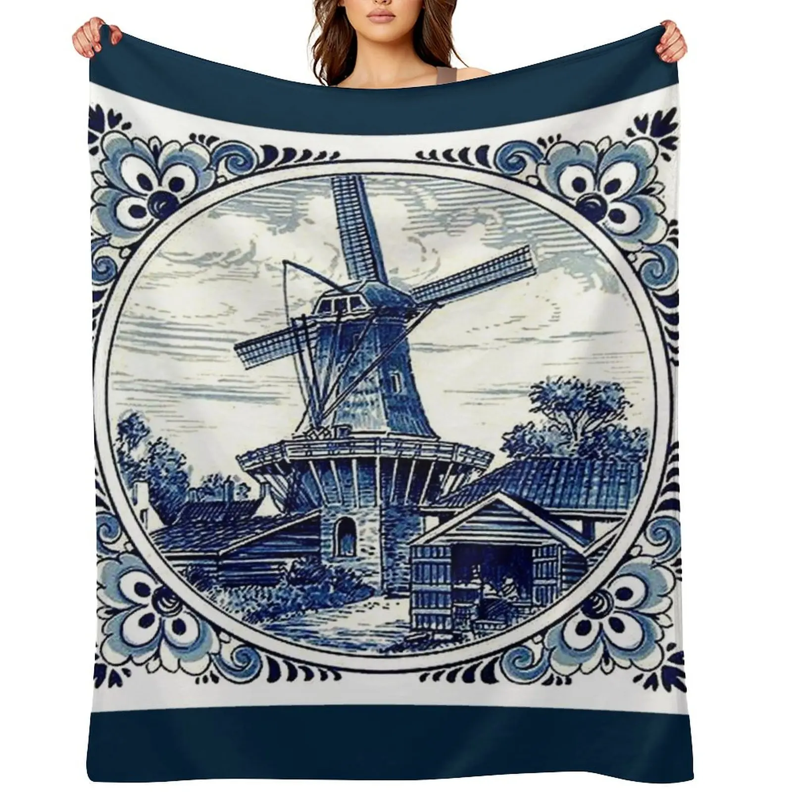 

DUTCH BLUE DELFT : Vintage WindmillPrint Throw Blanket Camping decorative Thins Thermal Blankets