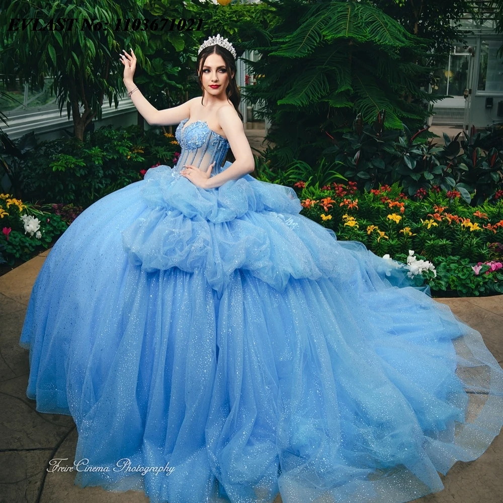 

EVLAST Princess Blue Quinceanera Dress Ball Gown Appliquéd Beaded Tiered Tulle Mexican Corset Sweet 16 Vestidos De 15 Anos SQ731