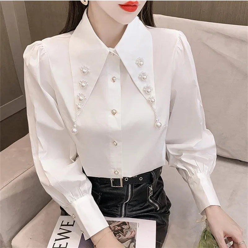 

Blouse Female Spring Autumn New Fashion Doll Pointy Collar Long Sleeve Tops Loose Solid Color Shirt Office Women Blouse T1063