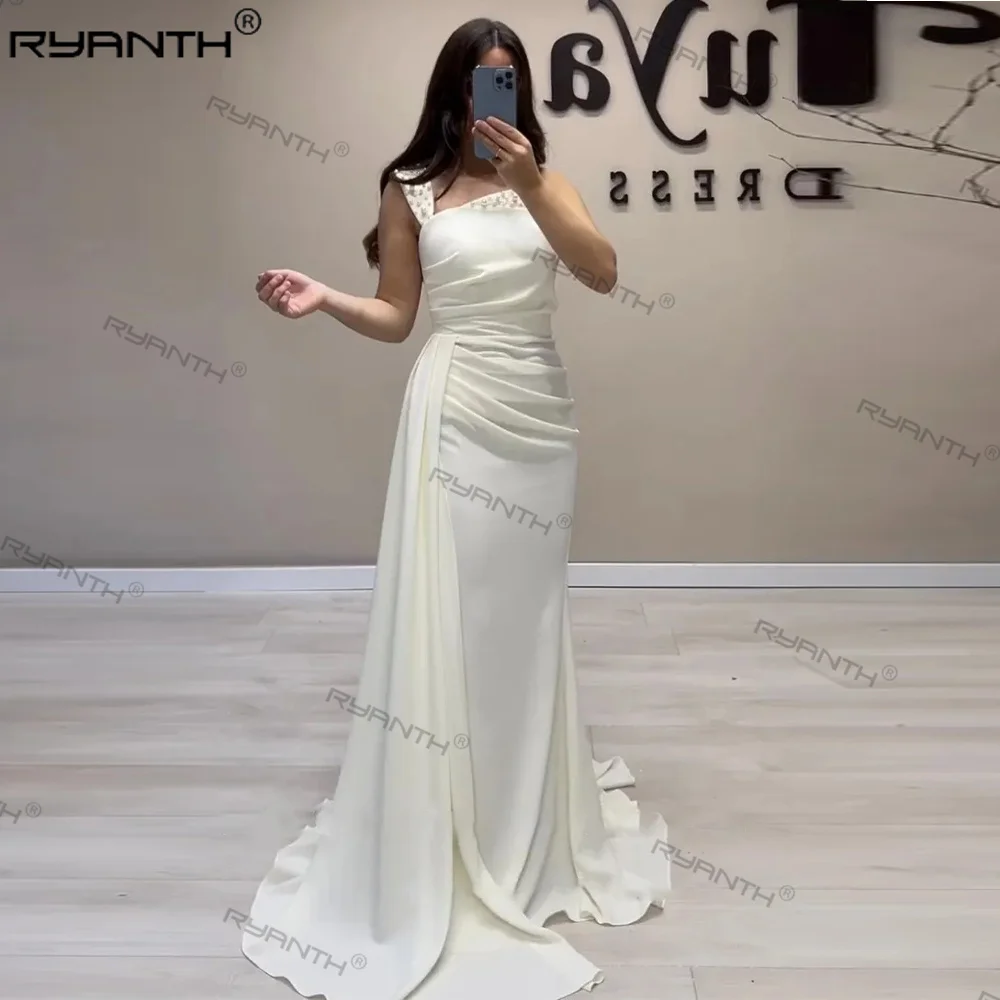 

Ryanth Elegant Evening Dress for Wedding Party One Shoulder Beaded with Pearls Arabic Mermaid Celebrity Formal Prom Gowns