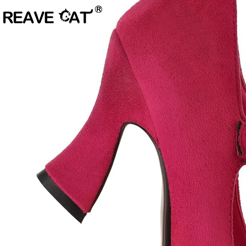 REAVE CAT Big size 34-43 Women high heels Pumps Flock Pointed toe Hoof heels Buckle Fashion Black Red Blue QL4622