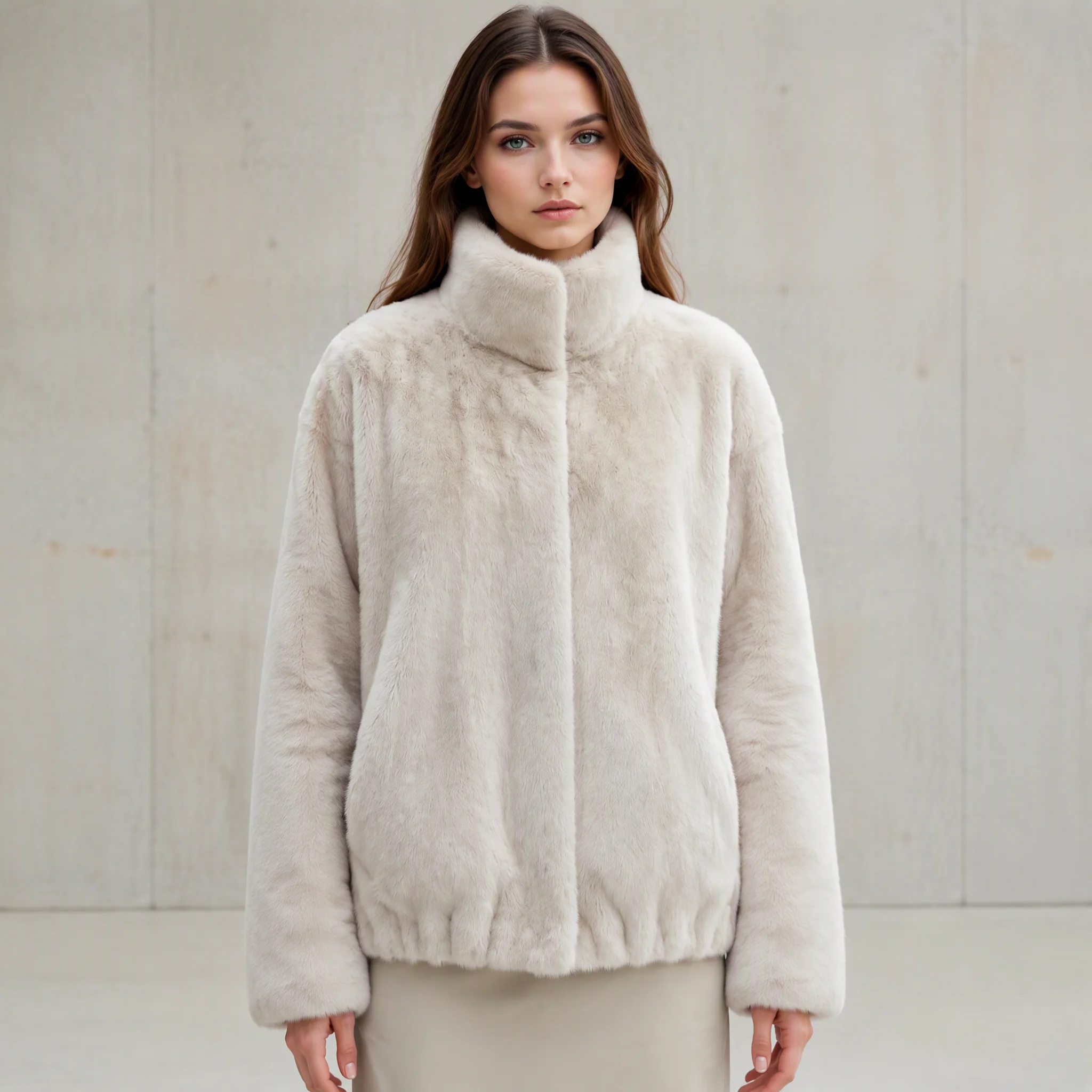 RU Women Faux Fur Short Jacket High Stand Collar Loose Plush Warm Outerwear For Autumn Winter Daily Elegant Outfit