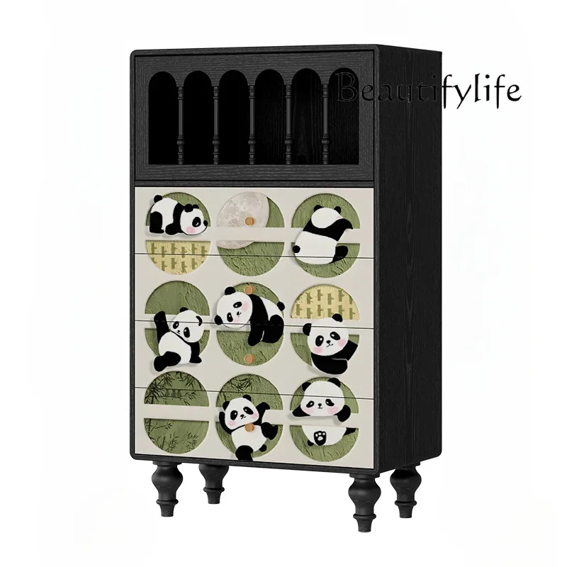 X36 French Cream Wind Panda Picture Solid Wood Dining Side Cabinet Living Room Storage Four Chest Restaurant Tea Cabinet Water B