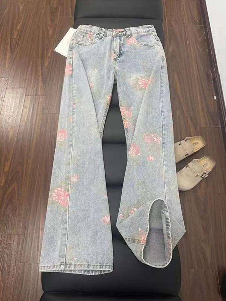 

Retro Blue Peony Waed Jeans Men's Straight Leg Casual Trousers Slimming Effect Autumn Faion Brand Cleanfit Flared Pants