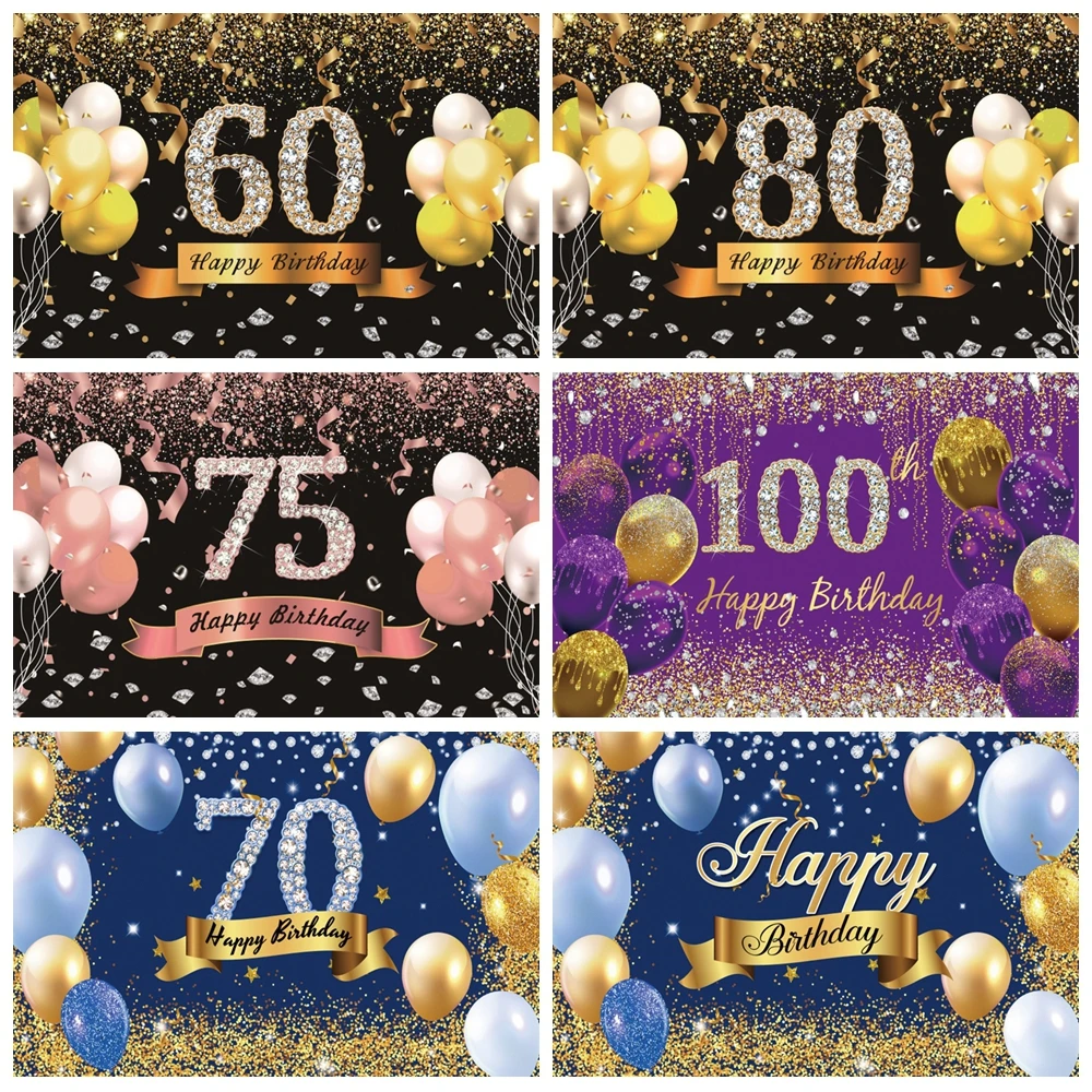 

Black and Gold Happy 60 70 80 90th Birthday Backdrop Photography Adults Birthday Party Cake Smash Background Banner Photo Studio