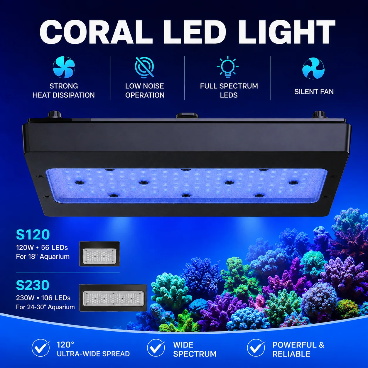Jecod Jebao S120 Aquarium LED Light Full Spectrum Reef Coral Light Wide Angle Marine Fish Tank Lamp 240W Power Supply Saltwater