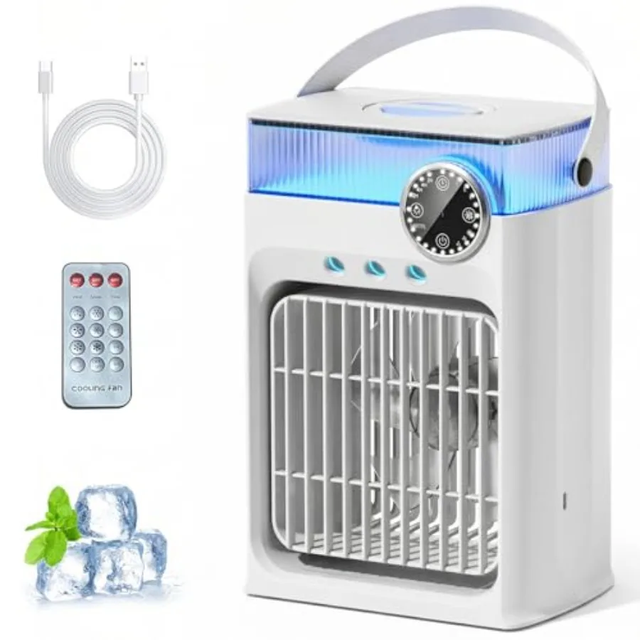 

Portable air conditioner for home bedroom use, pearl white plastic unit with RGB 8-LED lighting, 3-speed fan, 3-spray mode, 120