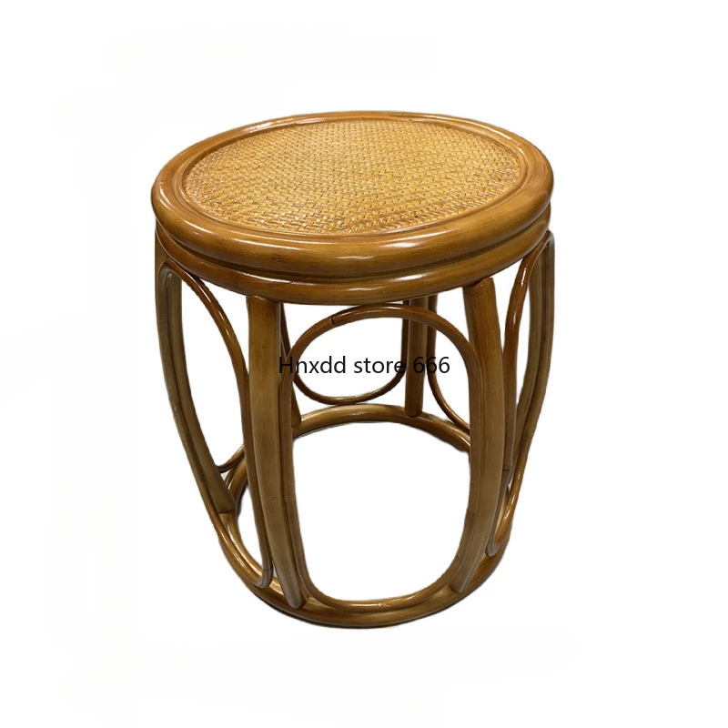 Rattan solid wood makeup low drum stool living room coffee table sofa round handmade straw living room stool