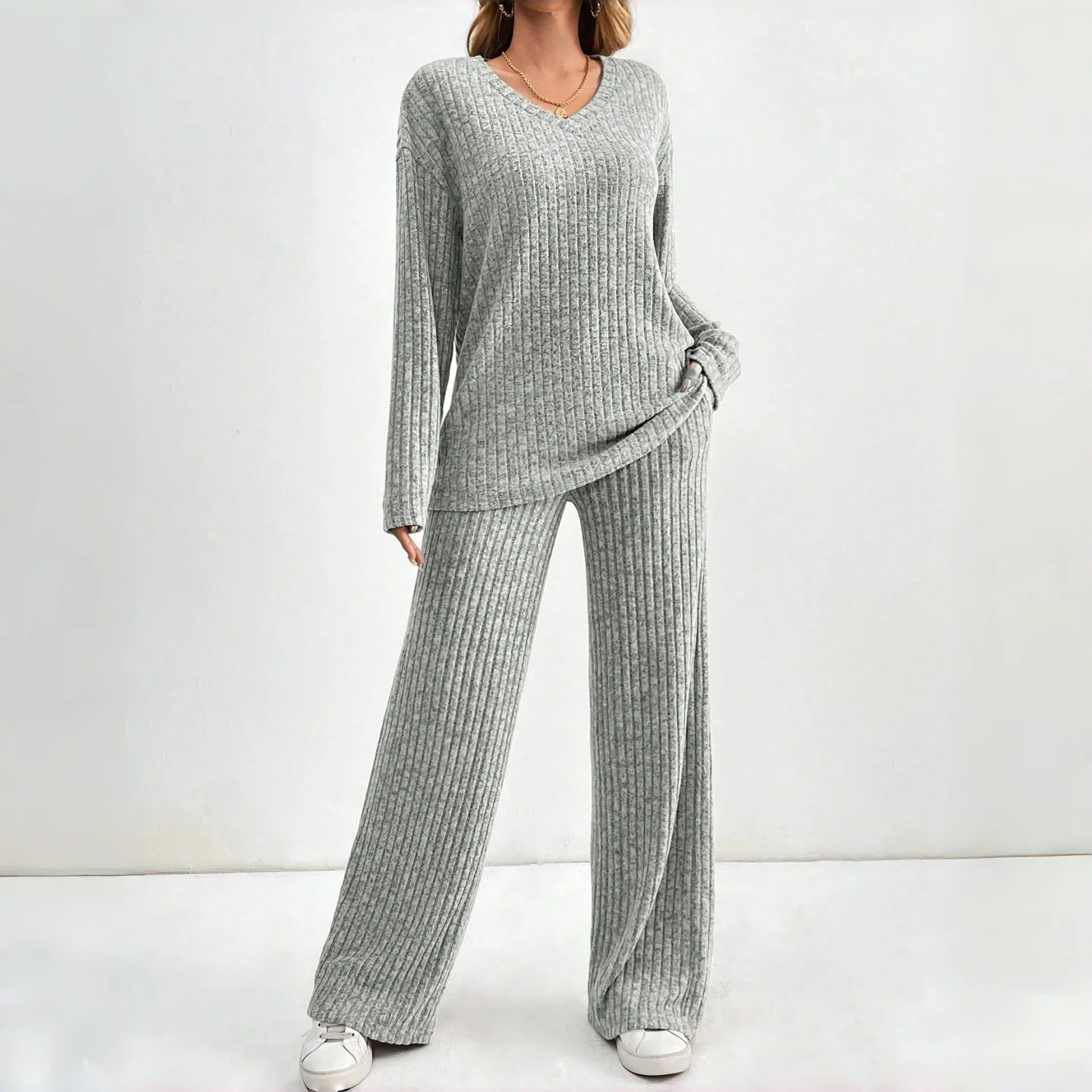 

Новый женский повседневный модный пижамный комплект для осени и зимы: топ с V-образным вырезом и длинными рукавами, прямые брюки с карманами, размер XL, полная длина, 2 предмета