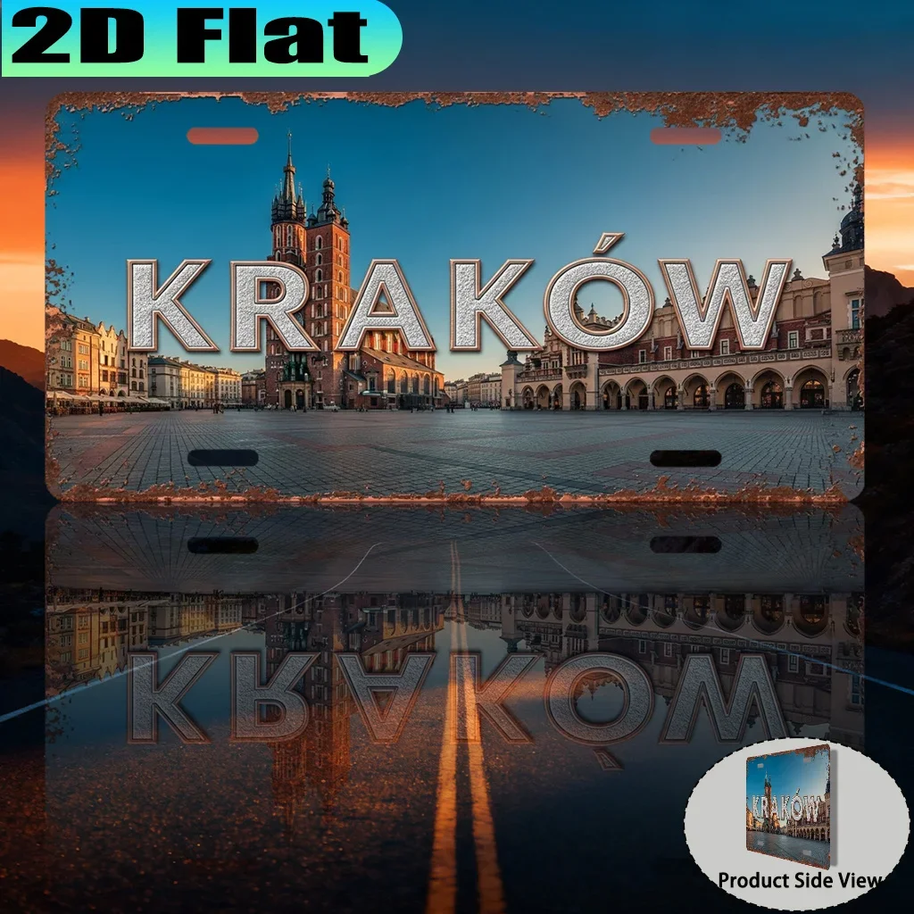 2D Flat - Retro Aluminum License Plate [2D Flat] 1pc Krakow - Vintage European Car Plate Number 12.0X6.0inch, Polish Souvenir