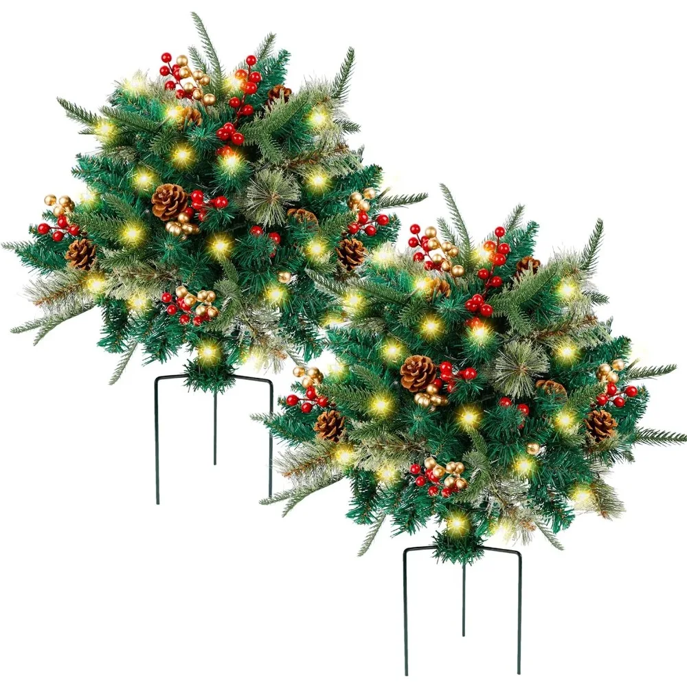 

Lighted Artificial Christmas Urn Filler, Pre-lit Xmas Pine Trees with Cones, Golden & Red Berries, Tripod Stake