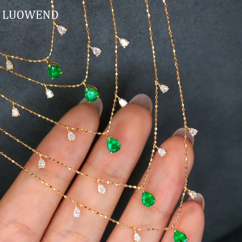 LUOWEND 18K Yellow Gold Necklace Shiny Real Natural Emerald Luxury Diamond Romantic Full Sky Star Design Chain Necklaces