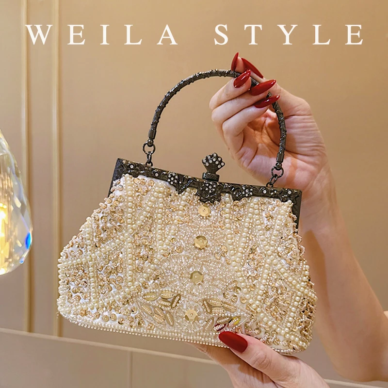 

Faux Pearl & Diamond Kiss Lock Clutch, Floral Handle Party Bag, Metal Chain Crossbody Cocktail Bag