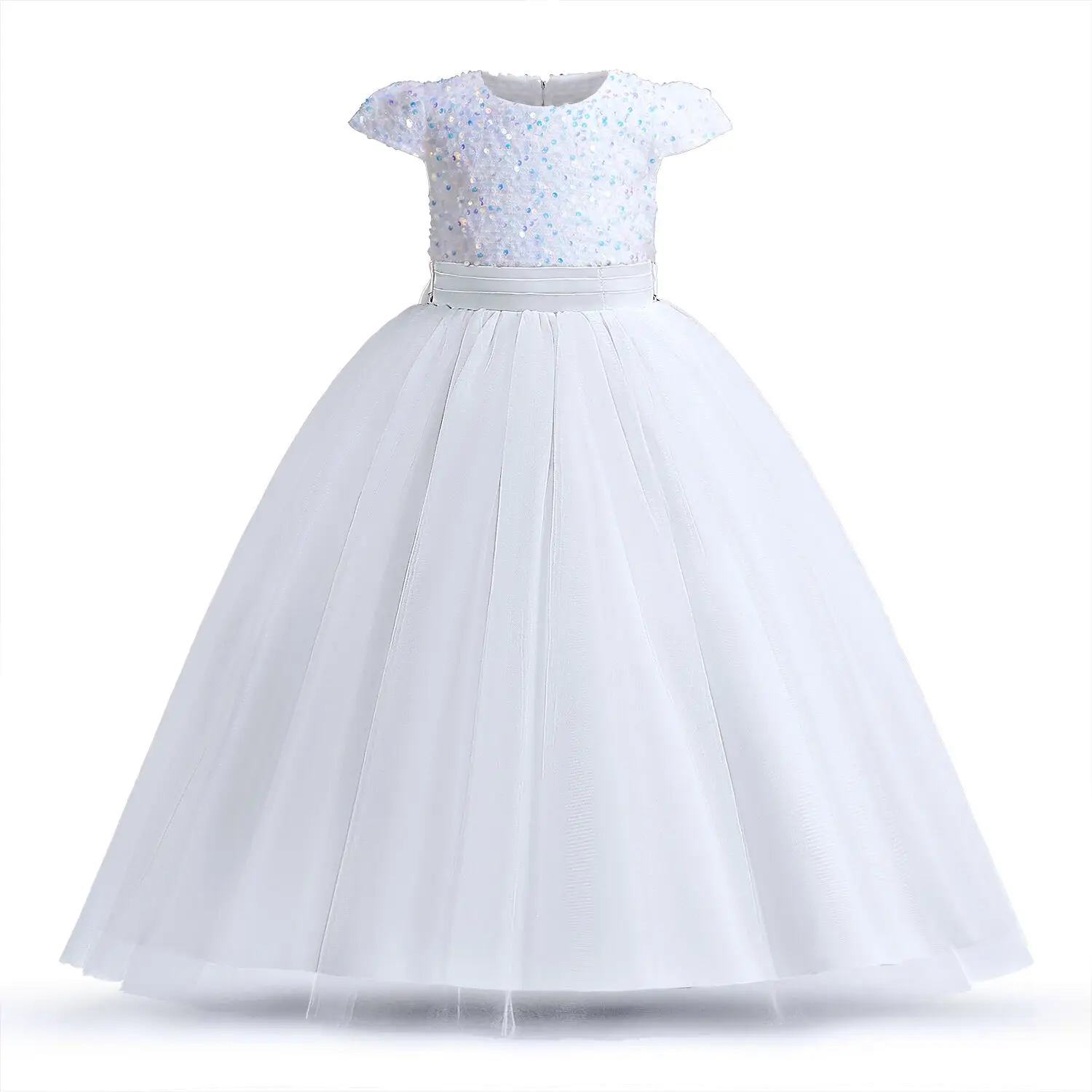 White Lace Child Flower Girl Dress Tulle Appliques Princess Floor Length for Wedding Party Baptism First Communion Gown