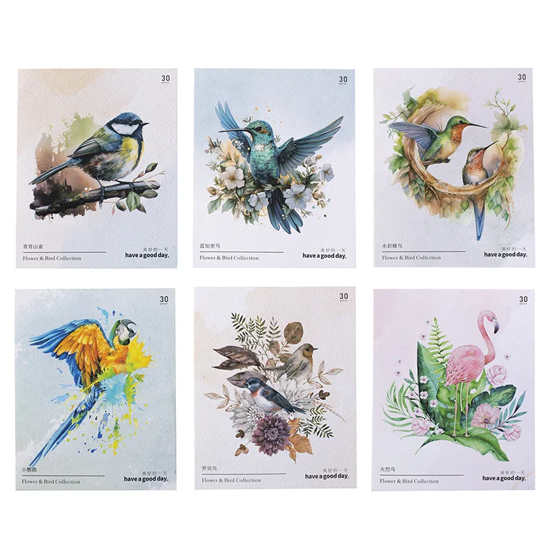 30Pcs Watercolor Flowers Birds Decorative Sticker Cute Handbook Scrapbooking Material Label Diy Diary Album Planner