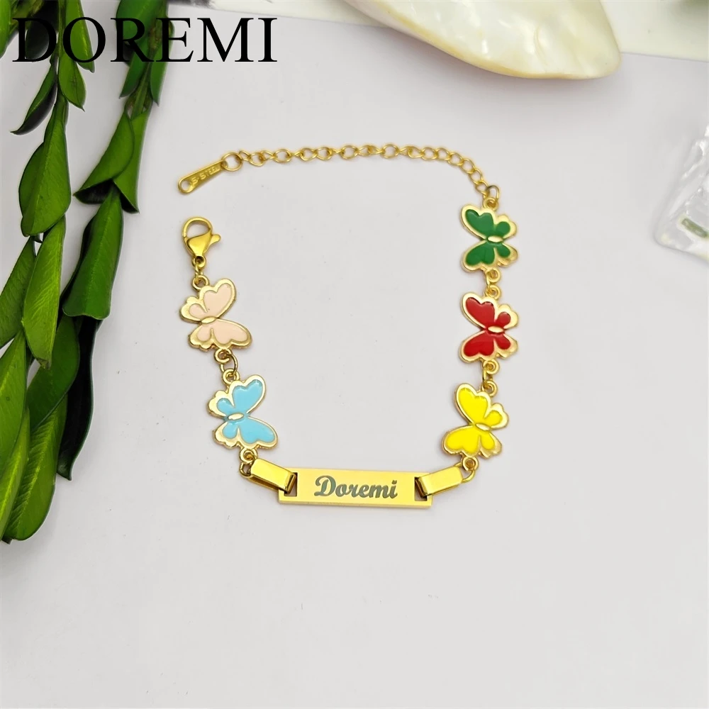 DOREMI Dripping Oil Enamel Butterfly Charms Stainless Steel Engrave Bracelet Personalized Butterfly Newborn Baby Bracelet