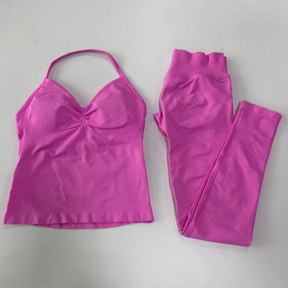 Бесшовный спортивный комплект без логотипа, женские топы на бретелях с высокой талией, леггинсы для йоги, одежда для фитнеса, комплекты для тренировок, спортивный костюм, спортивная одежда