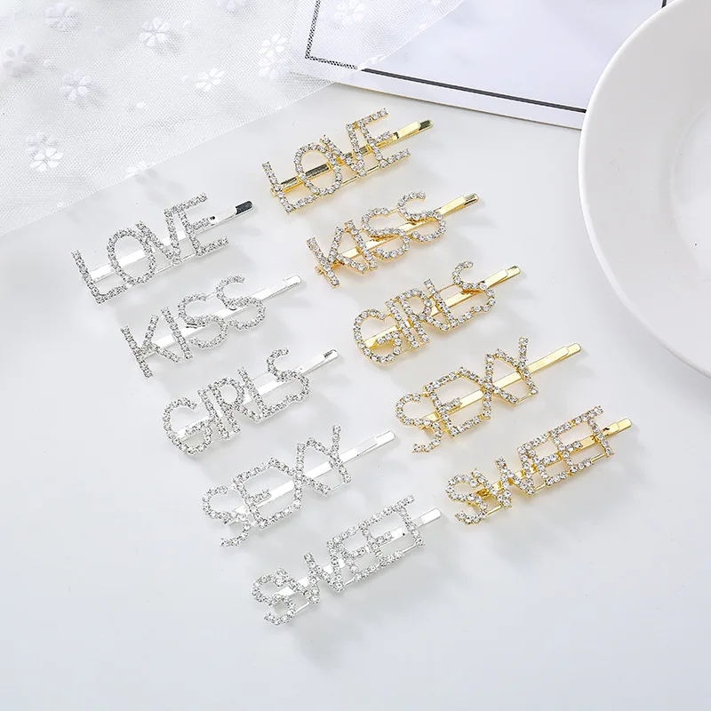 English letters hairpin female metal simple rhinestone clip adult hair clip jewelry.