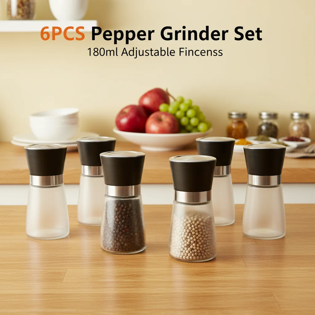  6-teiliges Pfeffermühlen-Set, 180 ml, manuelle Gewürzmühle, einstellbare Feinheit, Salzmühle für Küche, Pfeffer, Salz, Kreuzkümmel, Gewürzmahlung