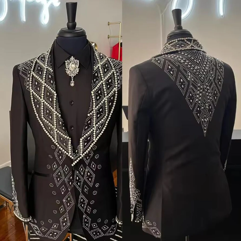 

Jewelry Stones Suit Men 2 Piece Set Shawl Lapel Crystals Prom Blazers Customized Groom Banquet Evening Party Wedding Tuxedos