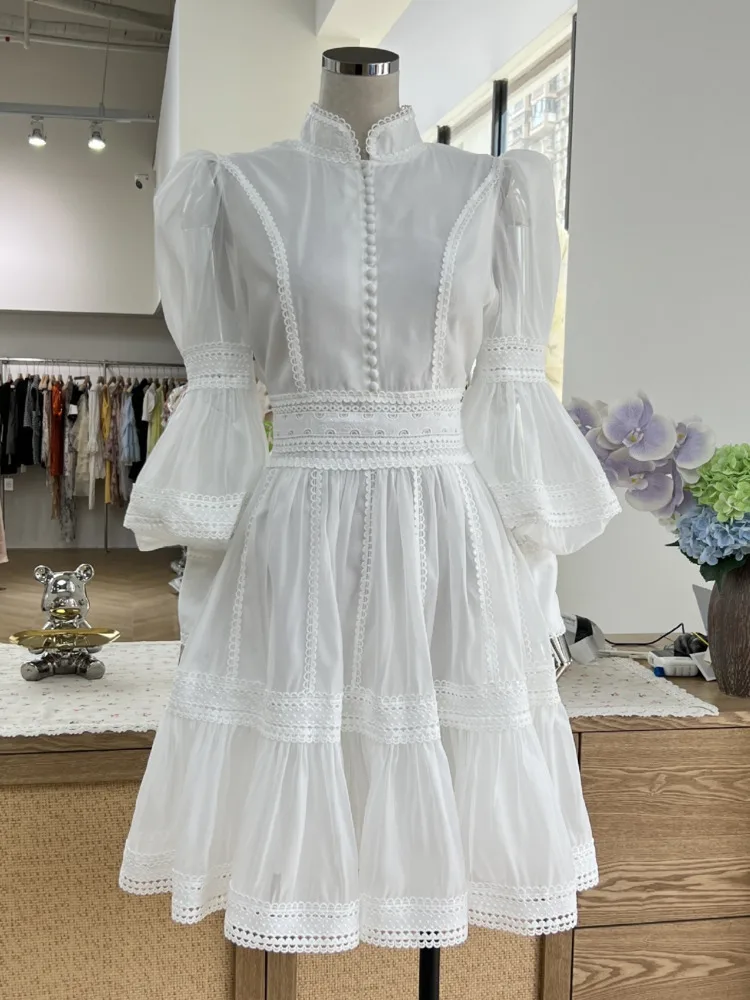 JNMC 2024 Spring Summer New Bubble Sleeve Large Swing Lace Hollow Splicing Dress With Vacation Style For Women's Leisure