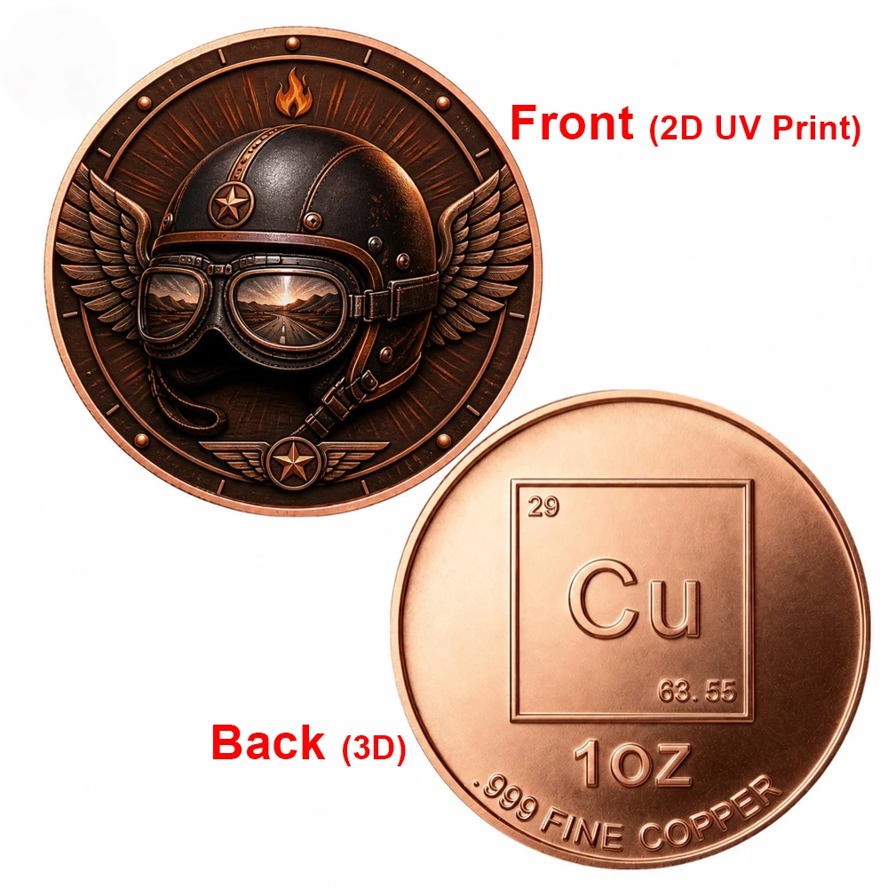 1pc 1oz .999 Fine Copper Biker Helmet Challenge Coin 2D Color Print Antique Rider Helmet Commemorative Medal Biker Art Gifts