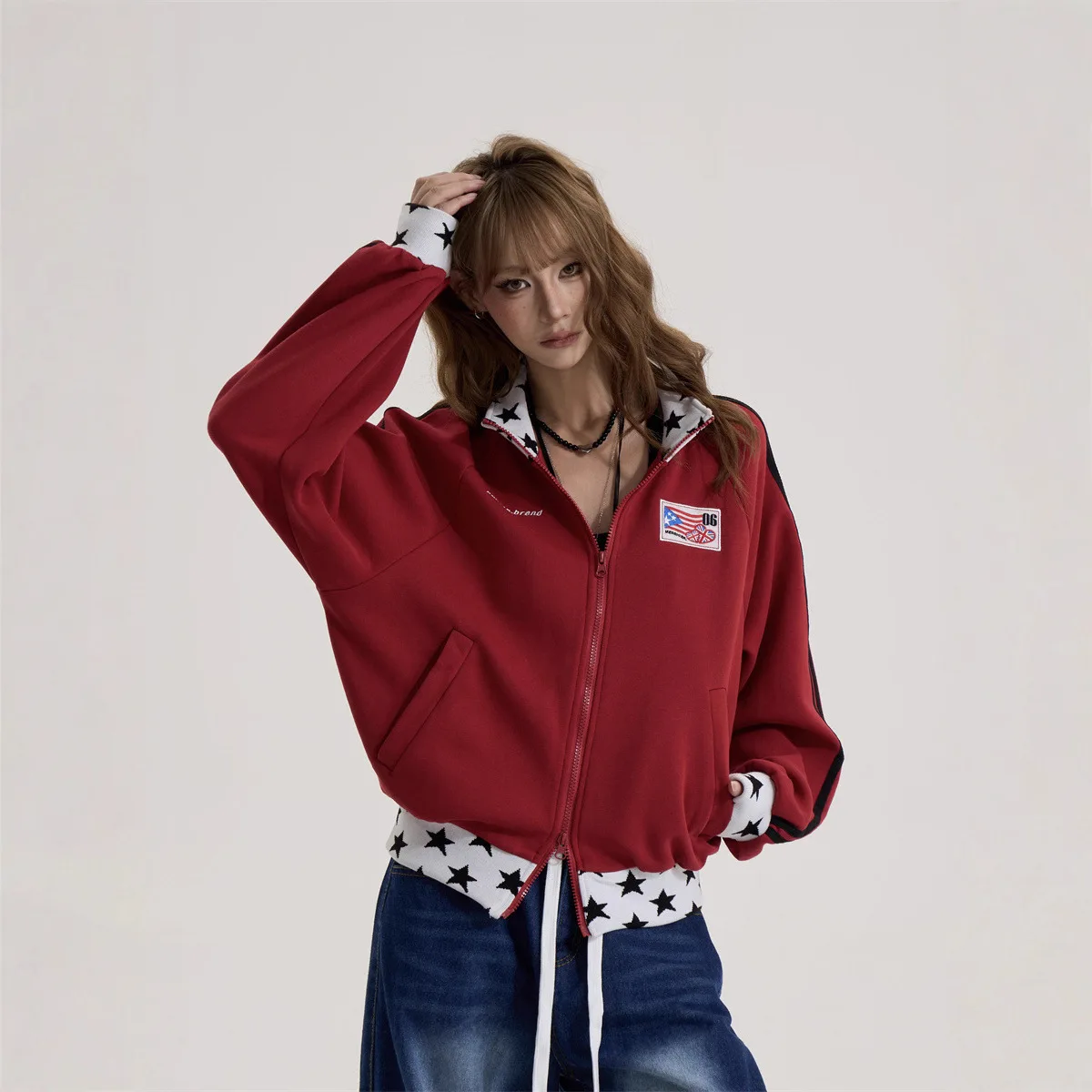 Women Jacket Bomber Coat 2026 Spring Autumn Vintage Stand Collar Jacket Women Loose Slim Fake Two Piece Baseball Coat