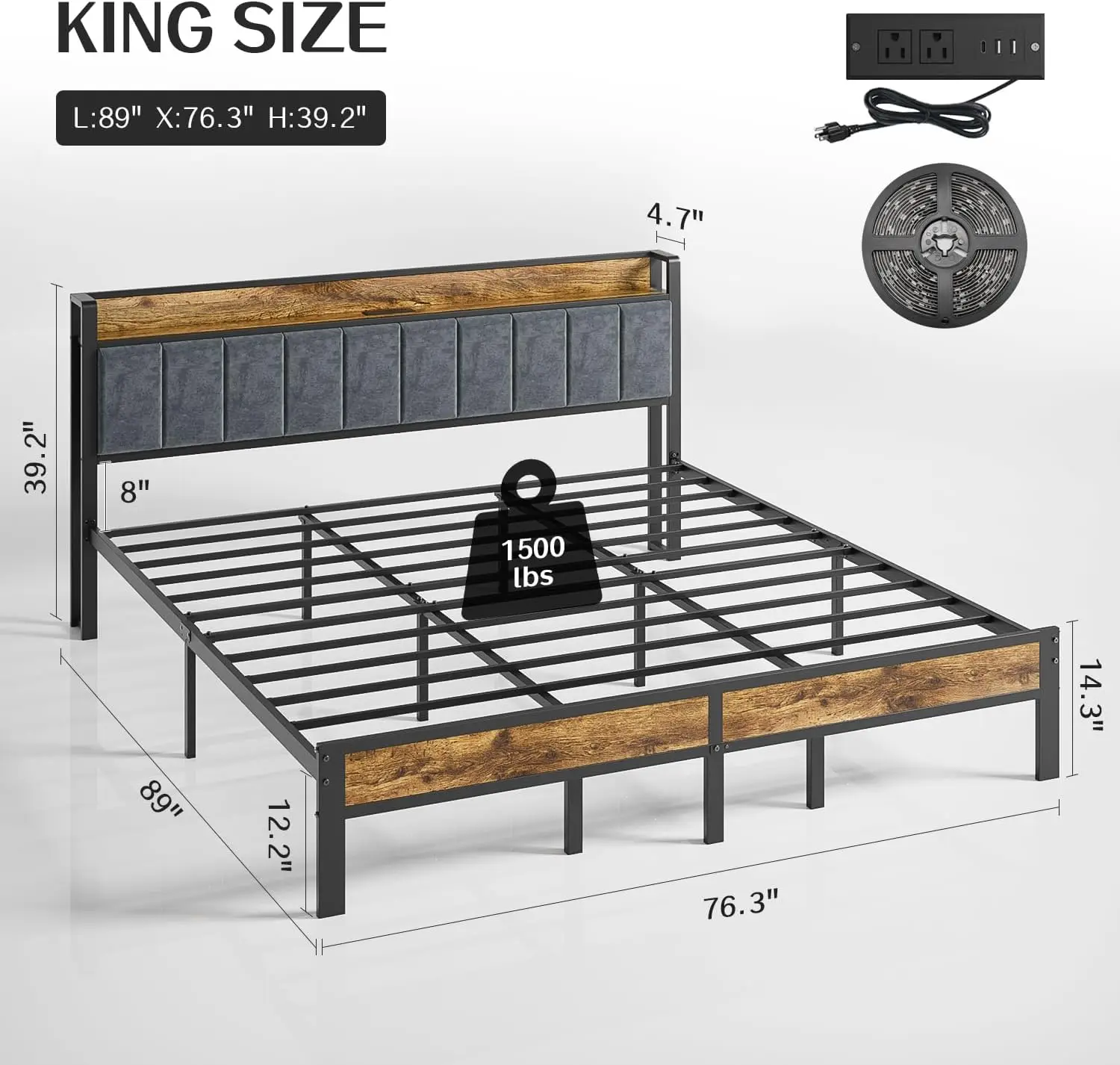 King Size Bed Frame with Smart LED Lights,Storage Headboard with USB Charging Station,Metal Platform Bed Noise Free,Easy Assembl