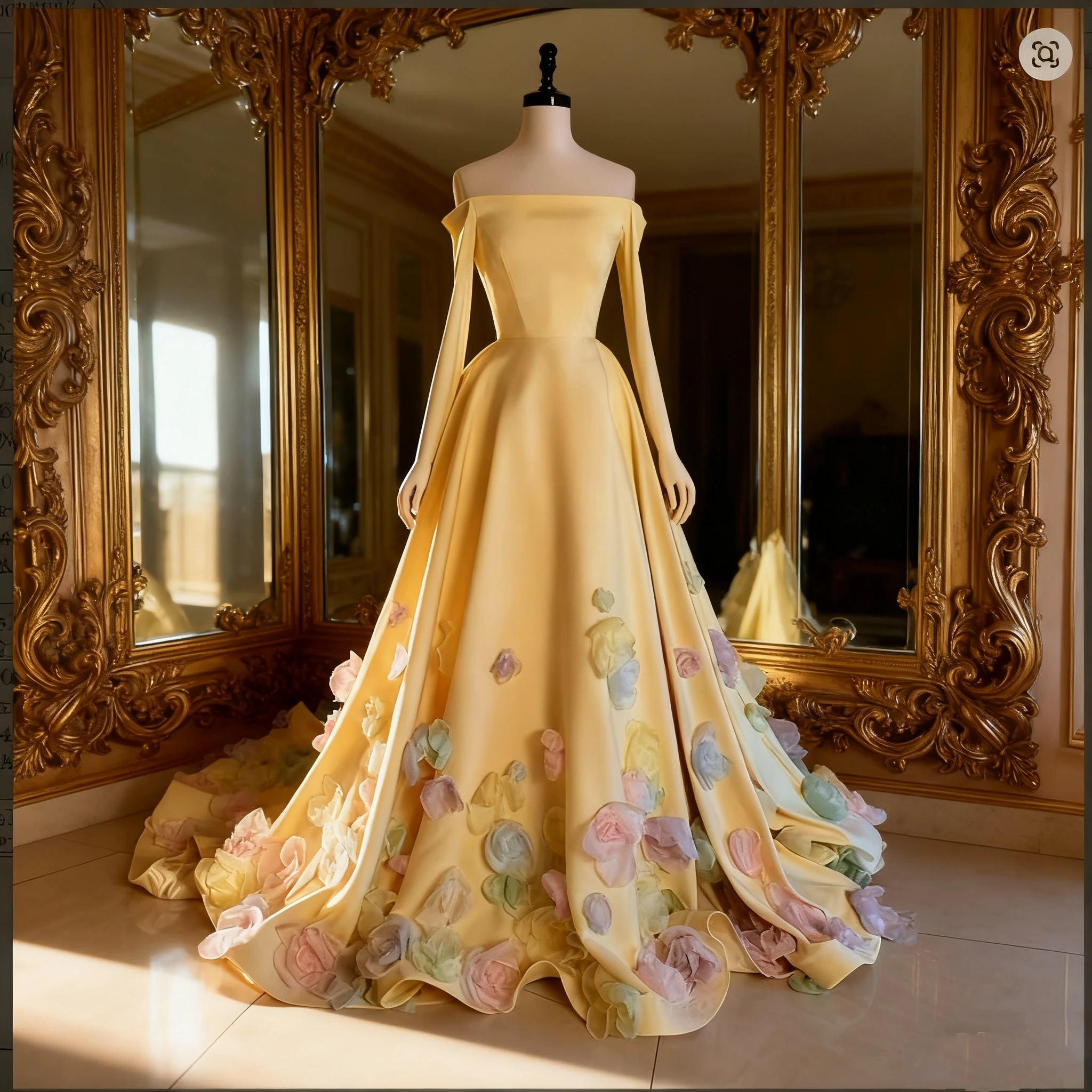 

SSYTENS Exquisite Yellow Prom Dresses Wedding Strapless Colorful 3D Flowers Sweep Train Long Sleeves Evening Dresses Customized