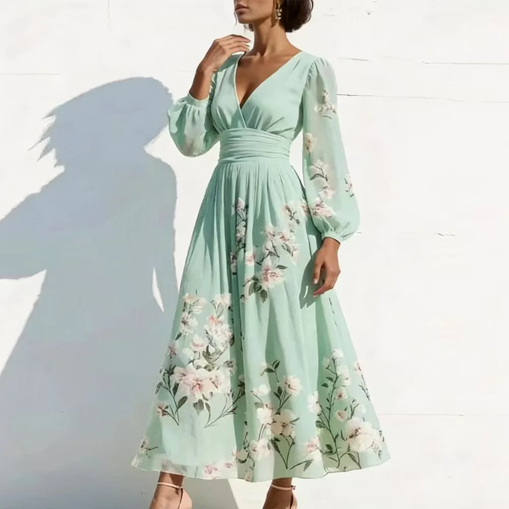 European and American Women's Digital Printing Flower Long-sleeved V-neck Pleated Dress Women's Long Dress Cw52681