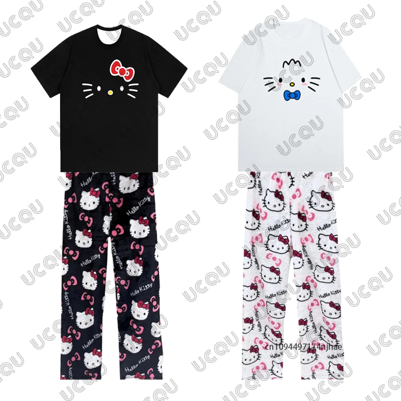 

Осенний спортивный костюм для мужчин и женщин, футболка с принтом «Hello Kitty» + пижамные комплекты со штанами, повседневный костюм для пар, одежда оверсайз, наряды из 2 предметов